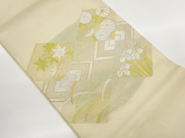 絽菱に花葉・芝模様織出し開き名古屋帯（額縁仕立て）